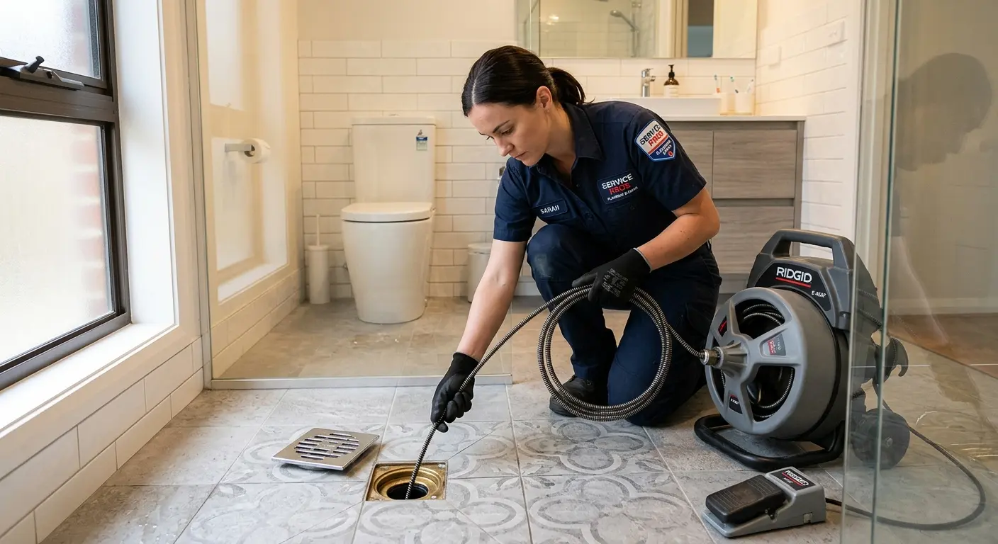 Technician clearing a bathroom floor drain for Clogged Drain Repair in Junction City